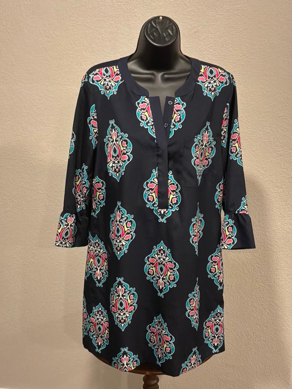 crown & ivy Navy Tunic Dress with Pink and Teal Medallions